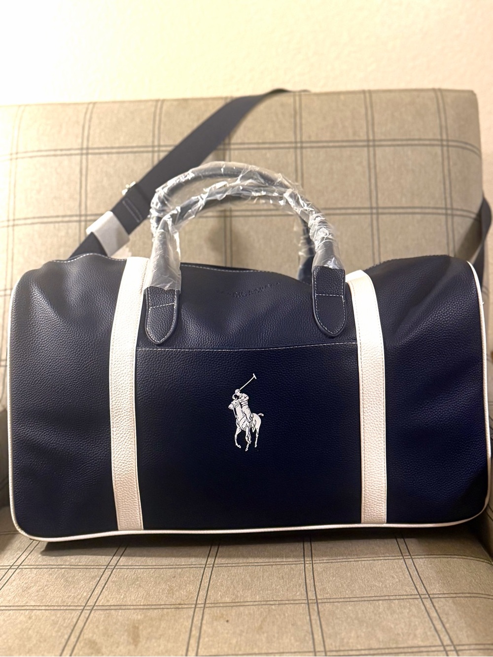 Classic !Ralph Lauren Navy and White Polo Large Vegan Leather Duffel Bag